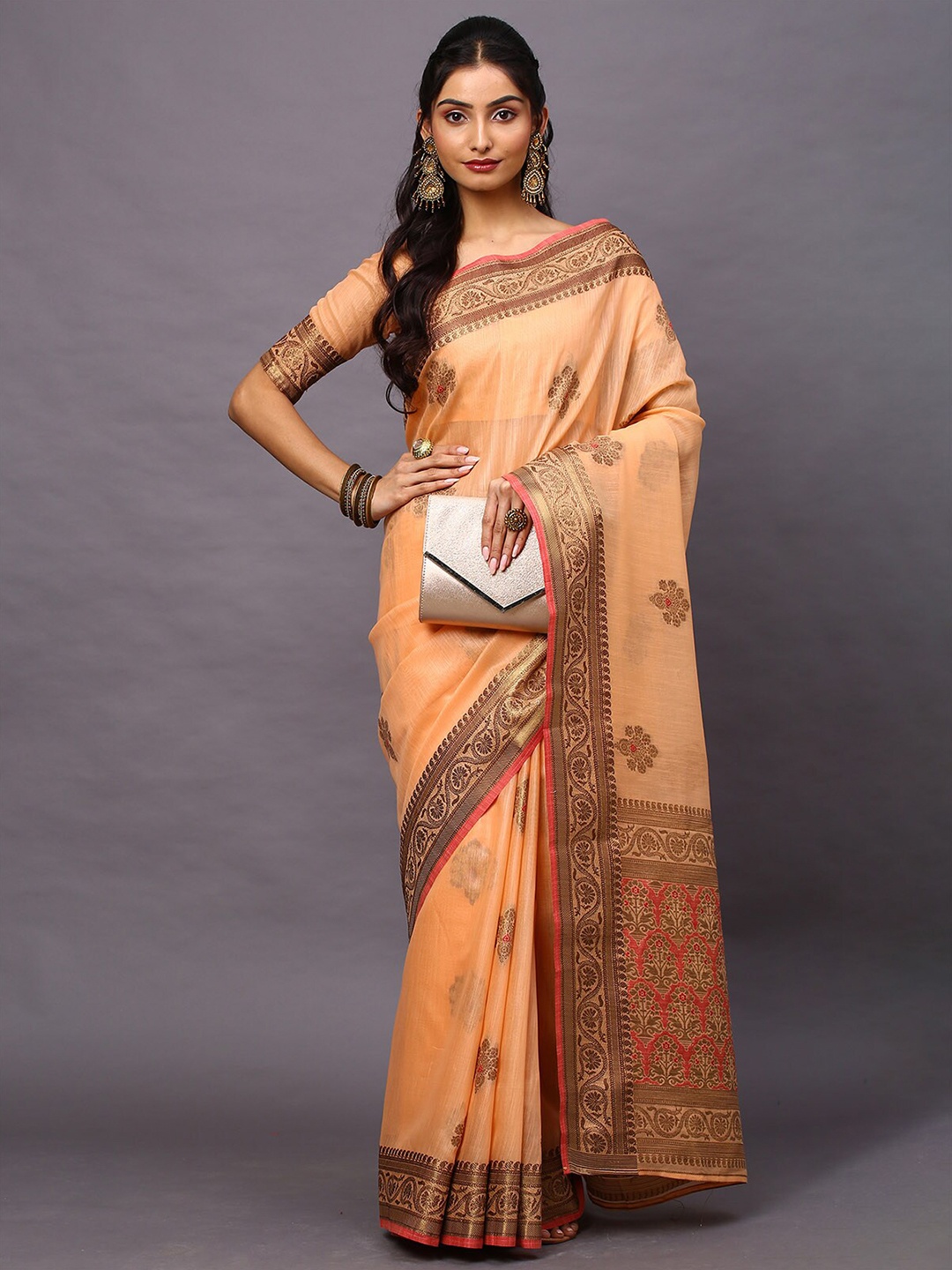 

ODETTE Peach-Coloured & Red Floral Zari Silk Blend Banarasi Saree