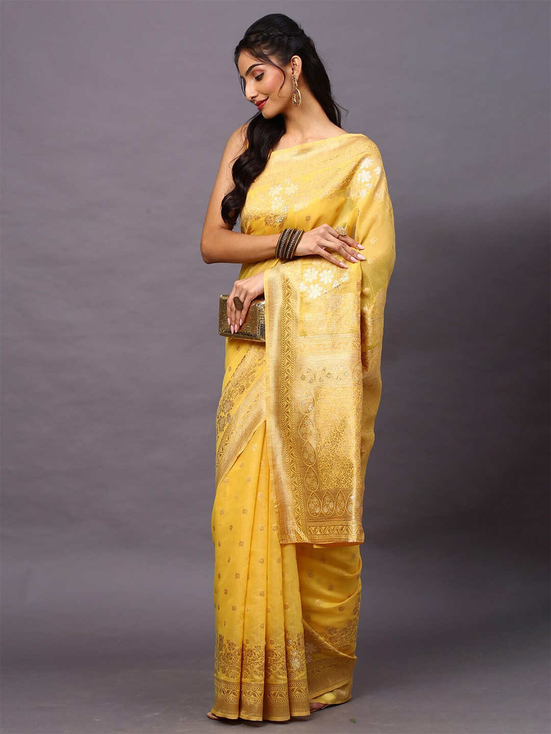 

ODETTE Yellow & Silver-Toned Floral Zari Silk Cotton Banarasi Saree