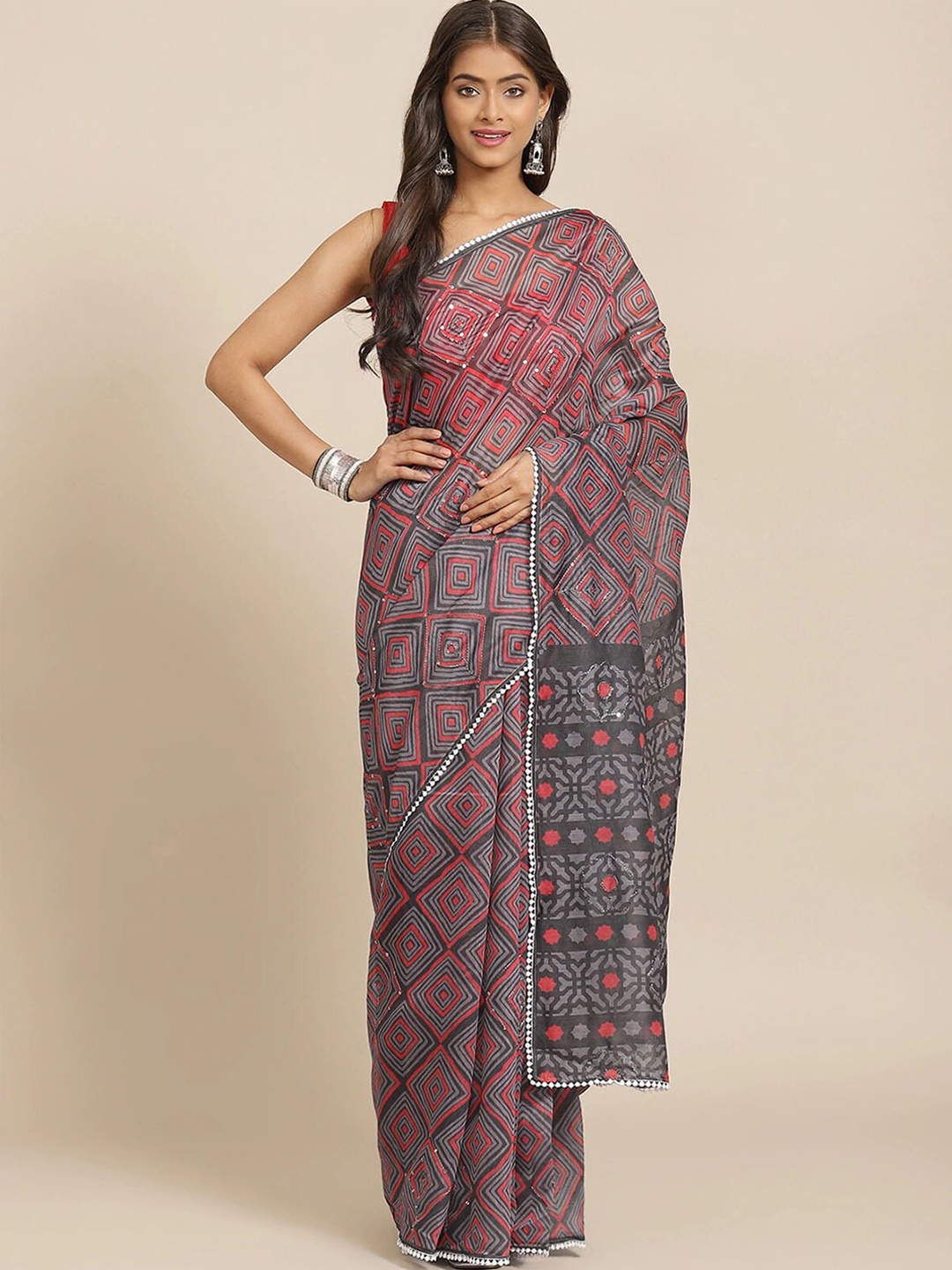 

ODETTE Grey & Red Printed Saree