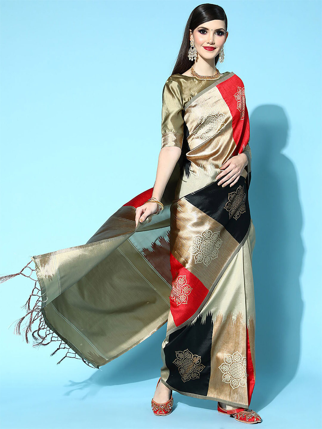

ODETTE Beige & Black Woven Design Silk Blend Saree