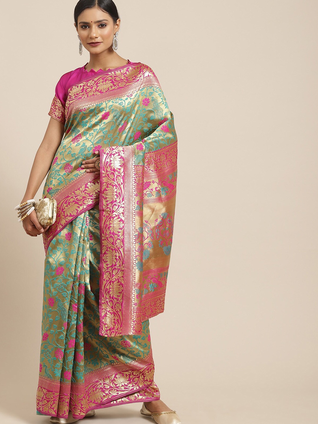 

ODETTE Green & Gold-Toned Woven Design Zari Detail Saree