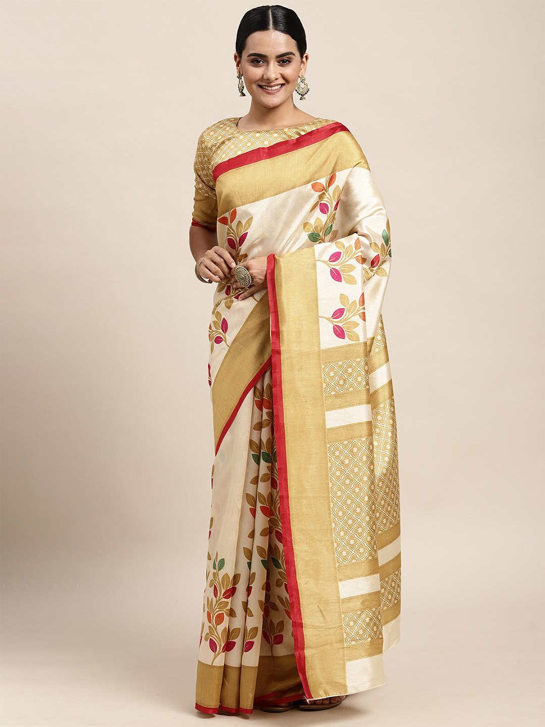 

ODETTE Beige & Red Floral Zari Silk Blend Saree