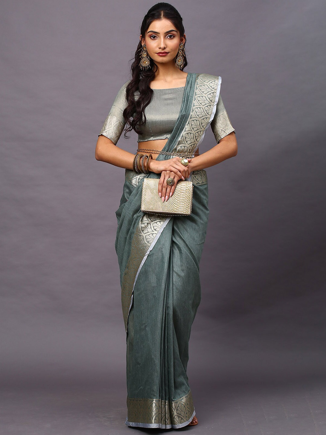 

ODETTE Sea Green & Gold-Toned Zari Linen Blend Taant Saree