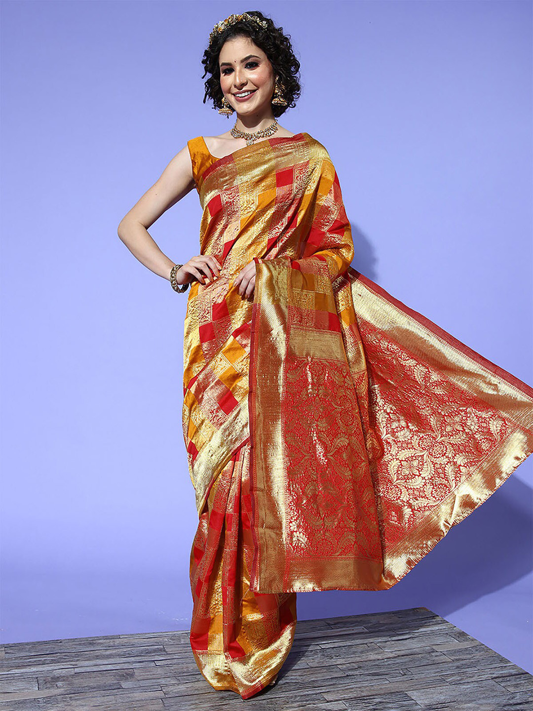 

ODETTE Red & Gold-Toned Woven Design Zari Silk Blend Saree