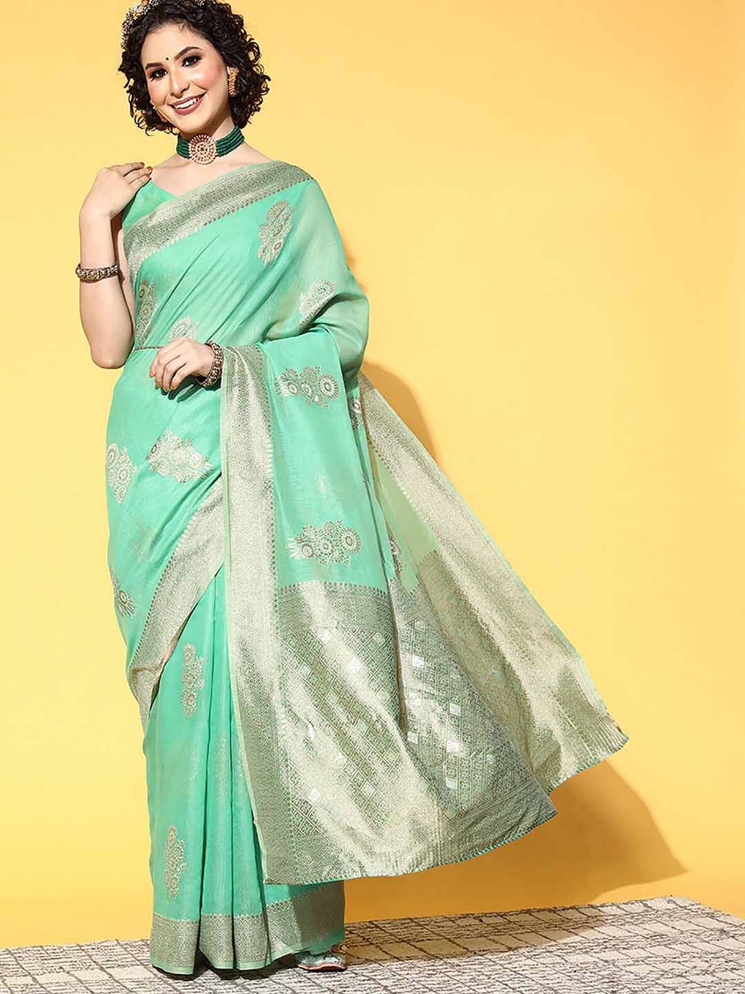 

ODETTE Turquoise Blue & Gold-Toned Ethnic Motifs Zari Saree