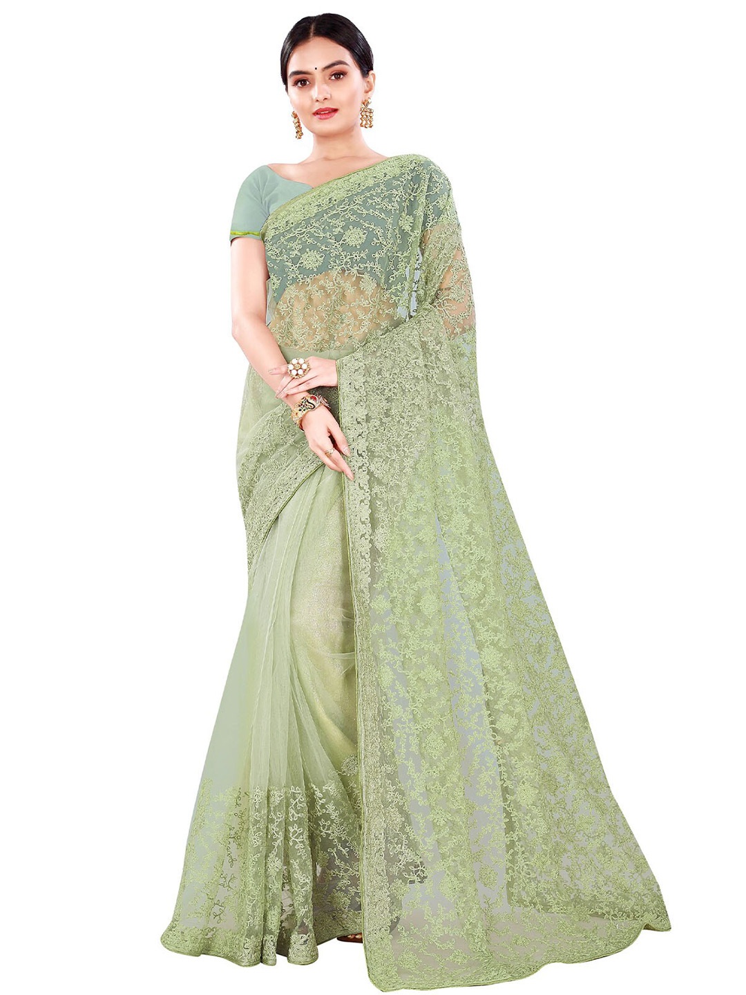 

ODETTE Green Floral Embroidered Net Saree