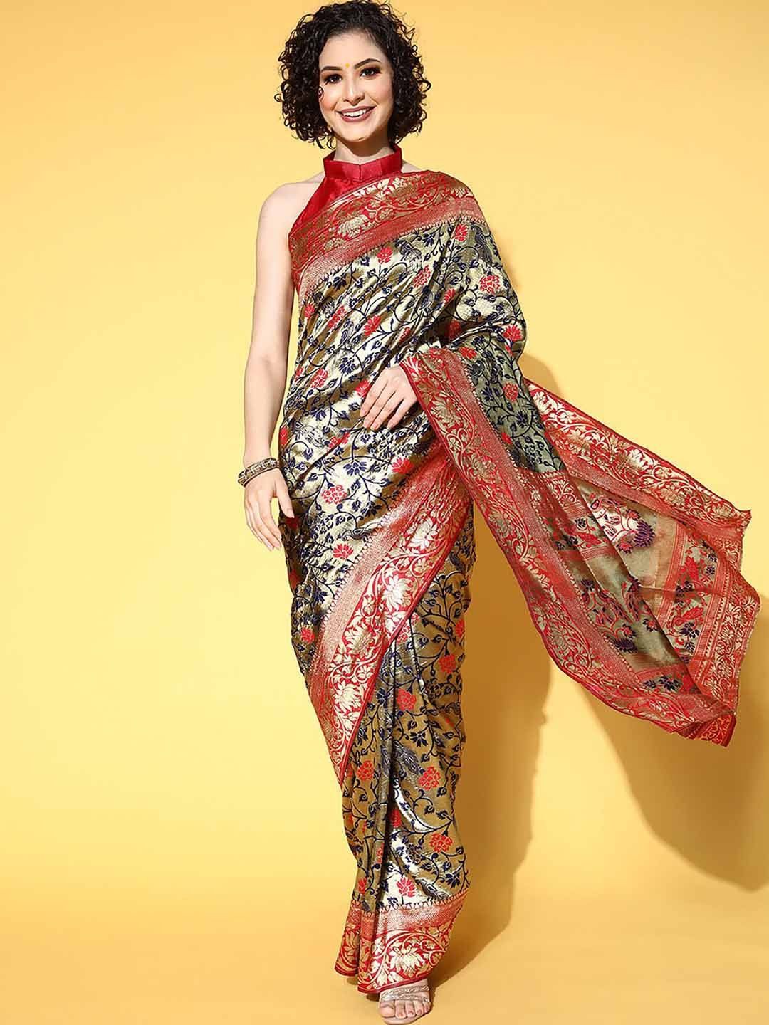 

ODETTE Navy Blue & Red Floral Zari Silk Blend Saree