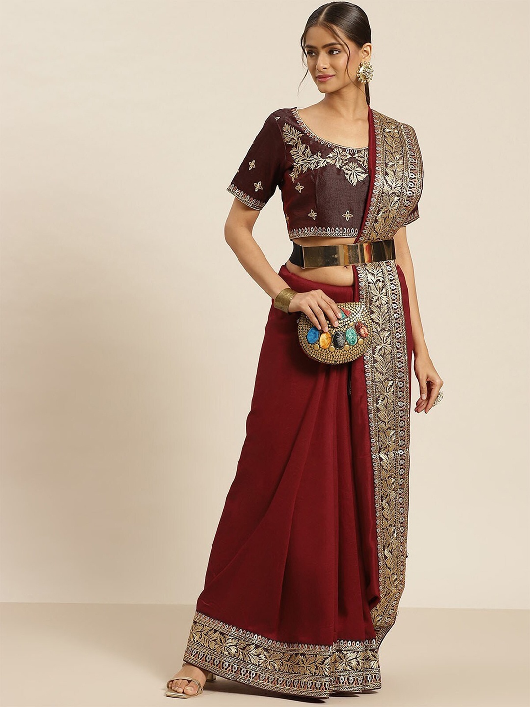 

ODETTE Burgundy & Black Embroidered Silk Blend Saree