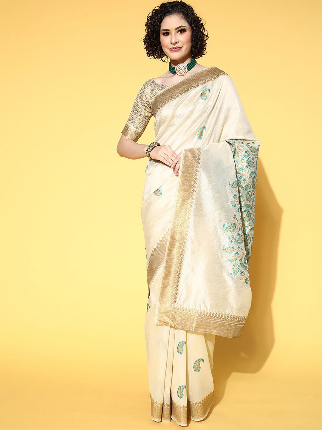 

ODETTE Beige & Gold-Toned Paisley Zari Silk Blend Saree