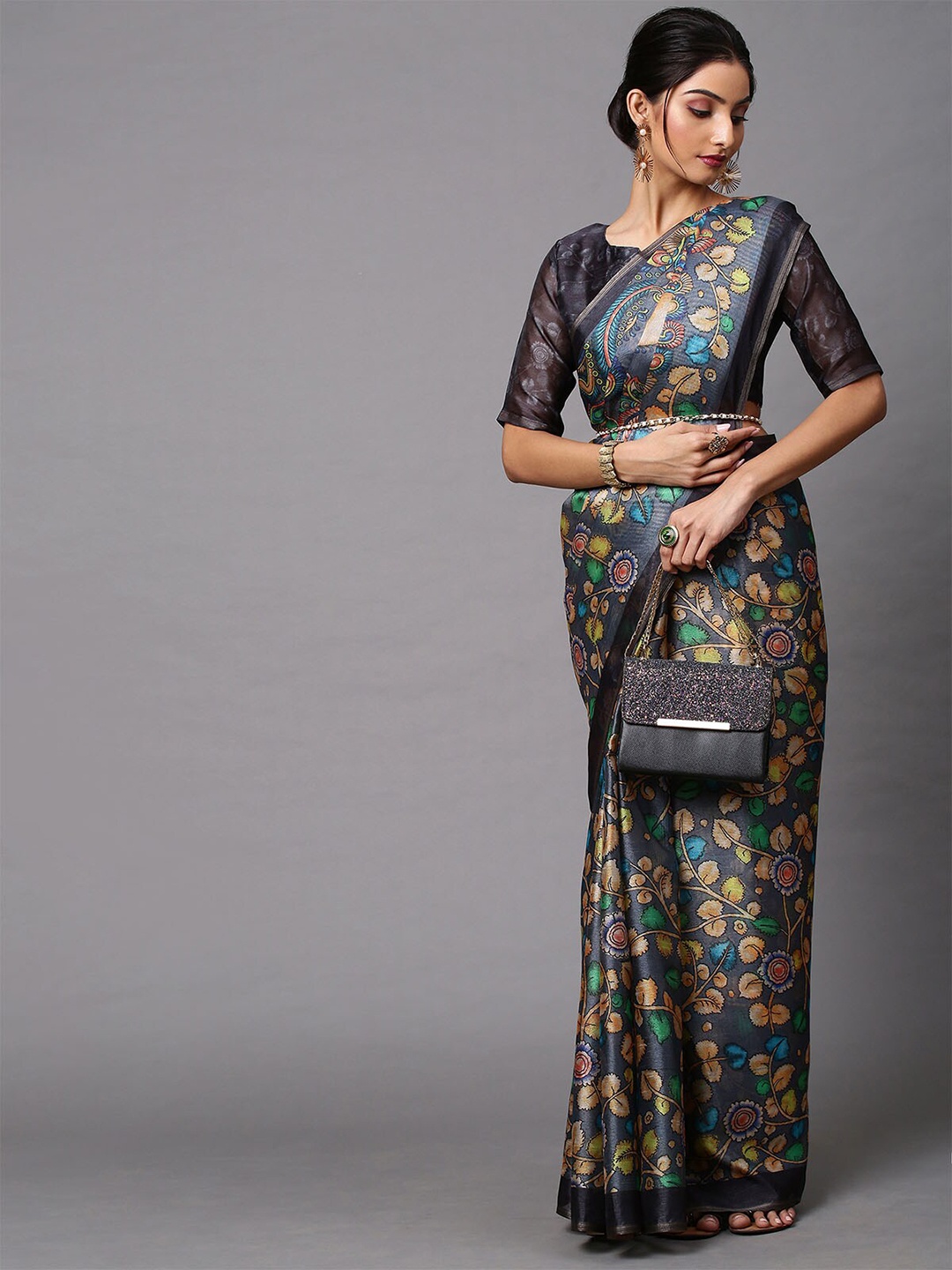 

ODETTE Grey & Blue Kalamkari Linen Blend Pochampally Saree