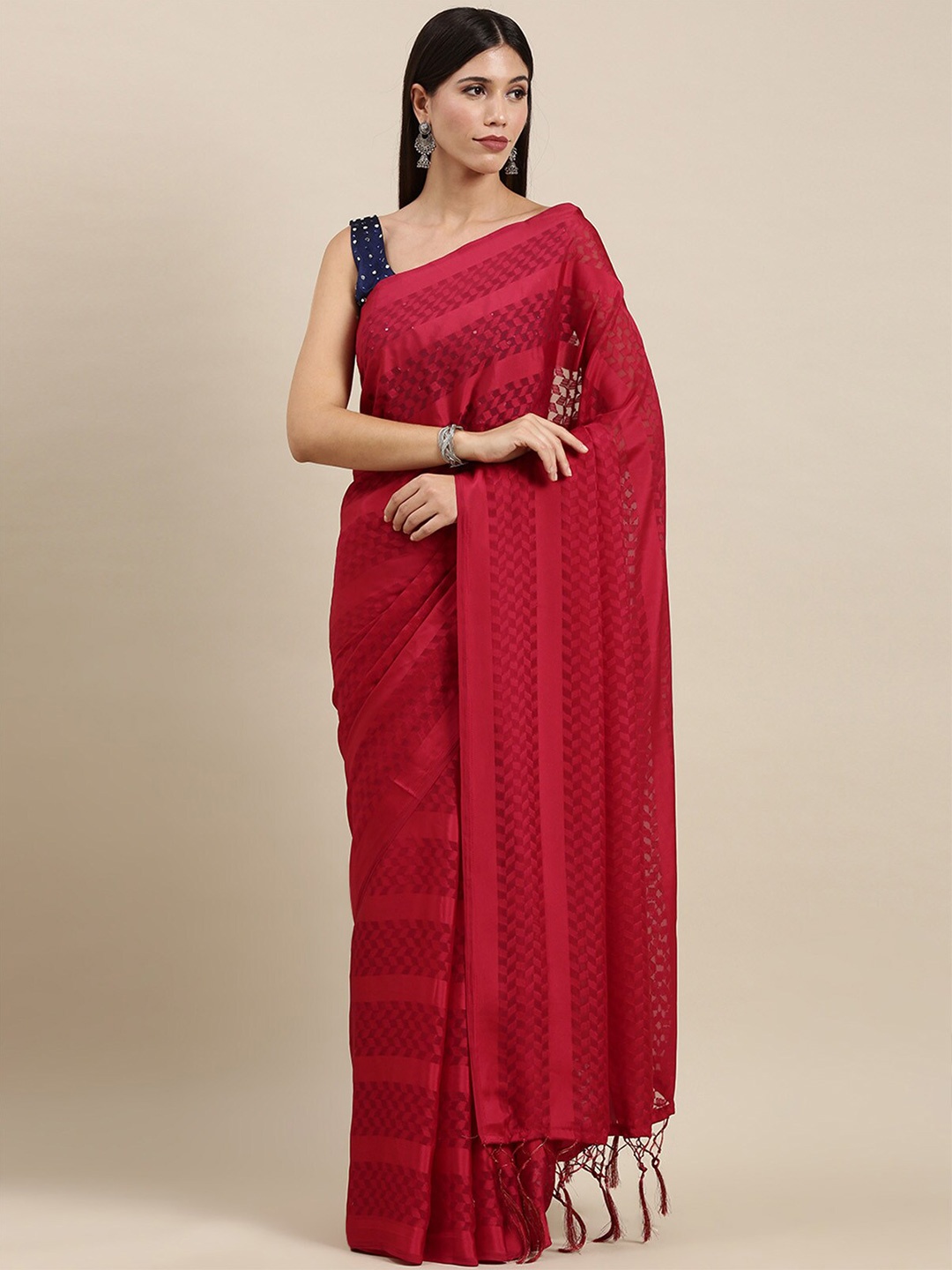

ODETTE Red Woven Design Satin Saree