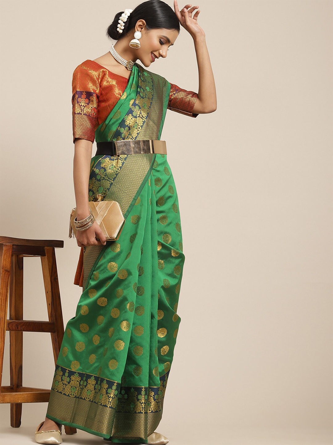 

ODETTE Green & Orange Woven Design Zari Silk Blend Kanjeevaram Saree