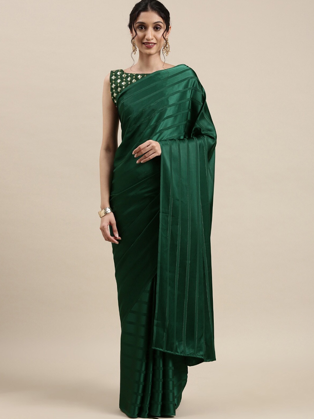 

ODETTE Green Striped Satin Saree