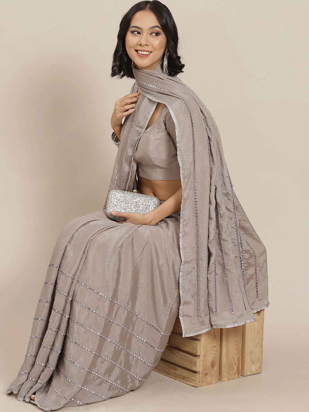 

ODETTE Grey Embellished Embroidered Silk Blend Saree