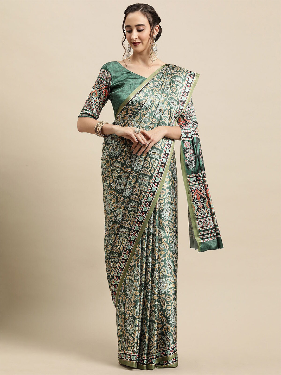 

ODETTE Green & Orange Floral Block Print Saree