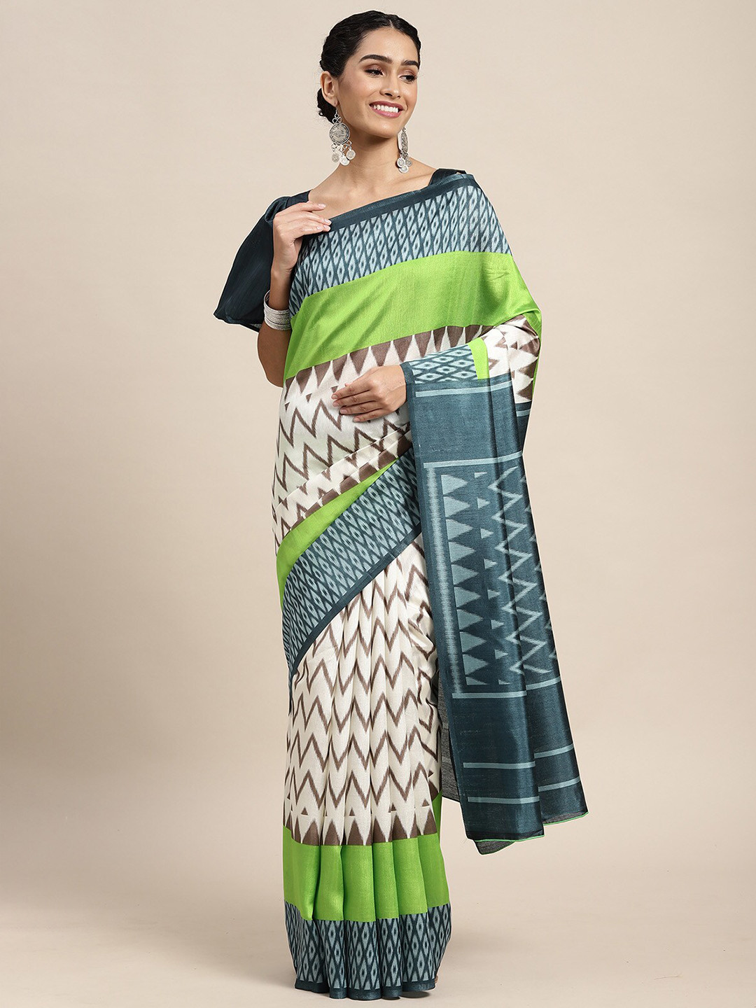 

ODETTE Off White & Green Silk Blend Saree