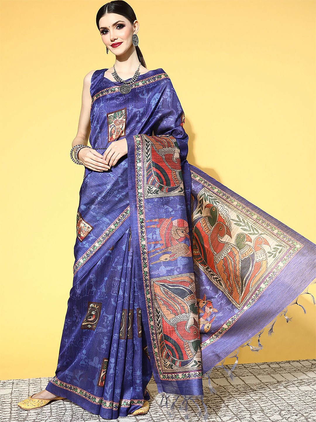 

ODETTE Blue & Red Ethnic Motifs Silk Blend Saree