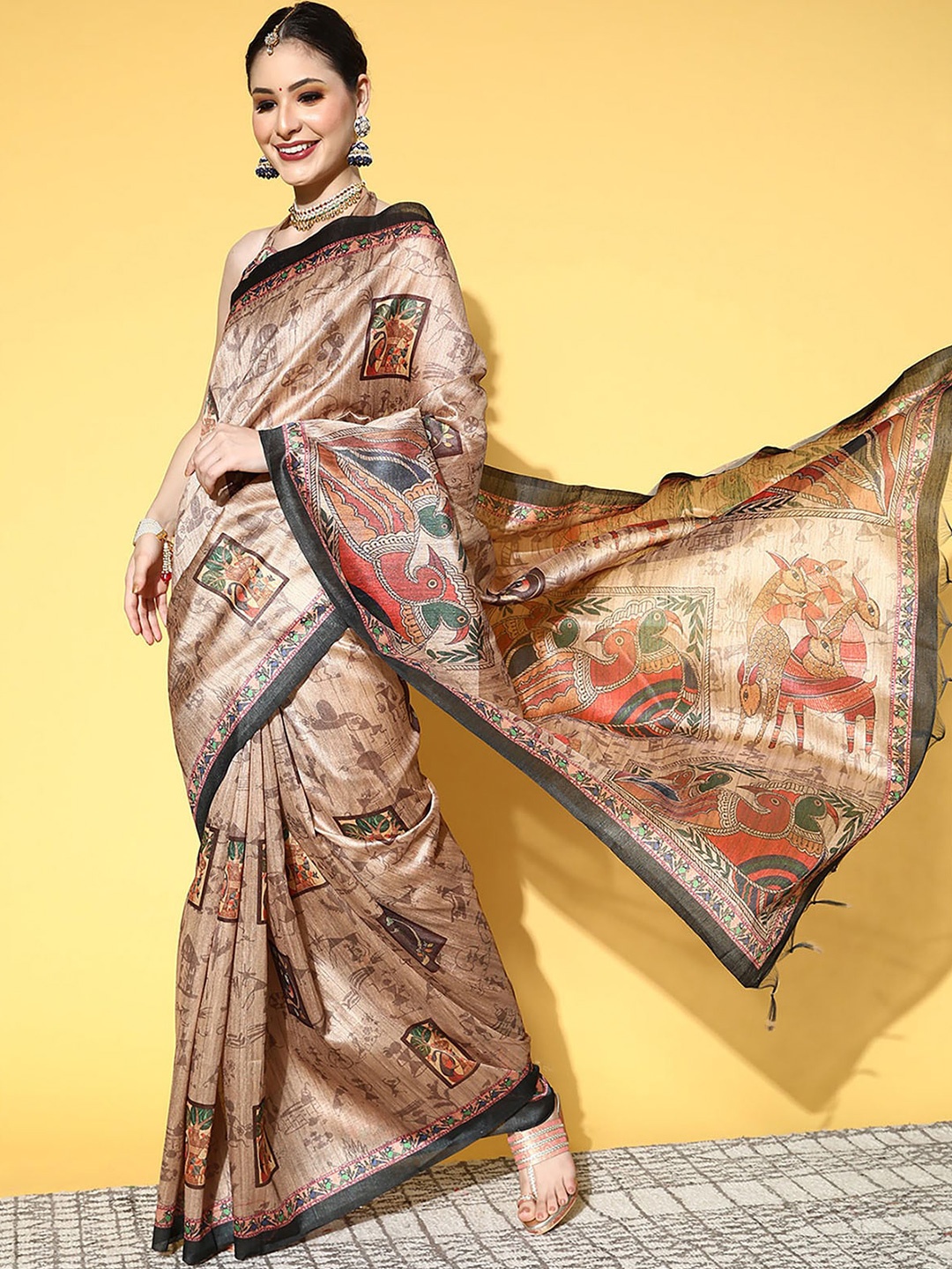 

ODETTE Beige & Pink Kalamkari Silk Blend Saree