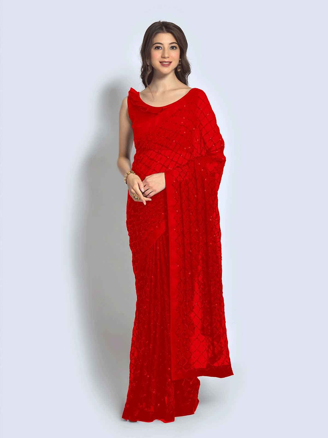 

ODETTE Red Woven Design Sequinned Saree