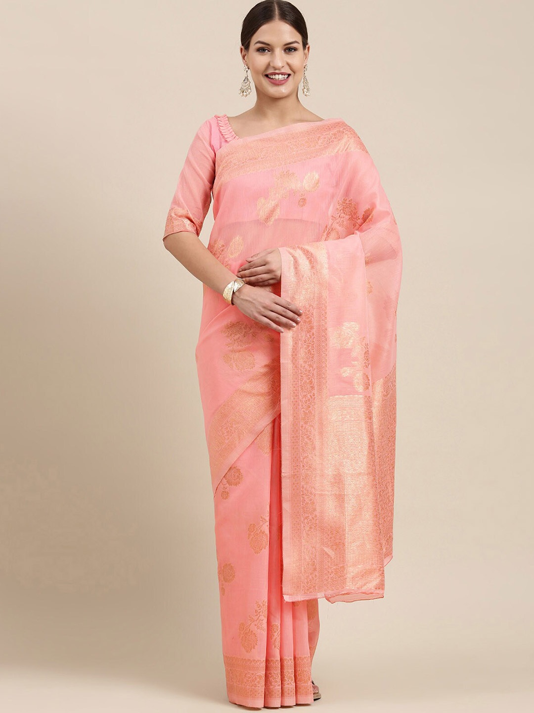 

ODETTE Pink & Gold-Toned Ethnic Motifs Zari Banarasi Saree