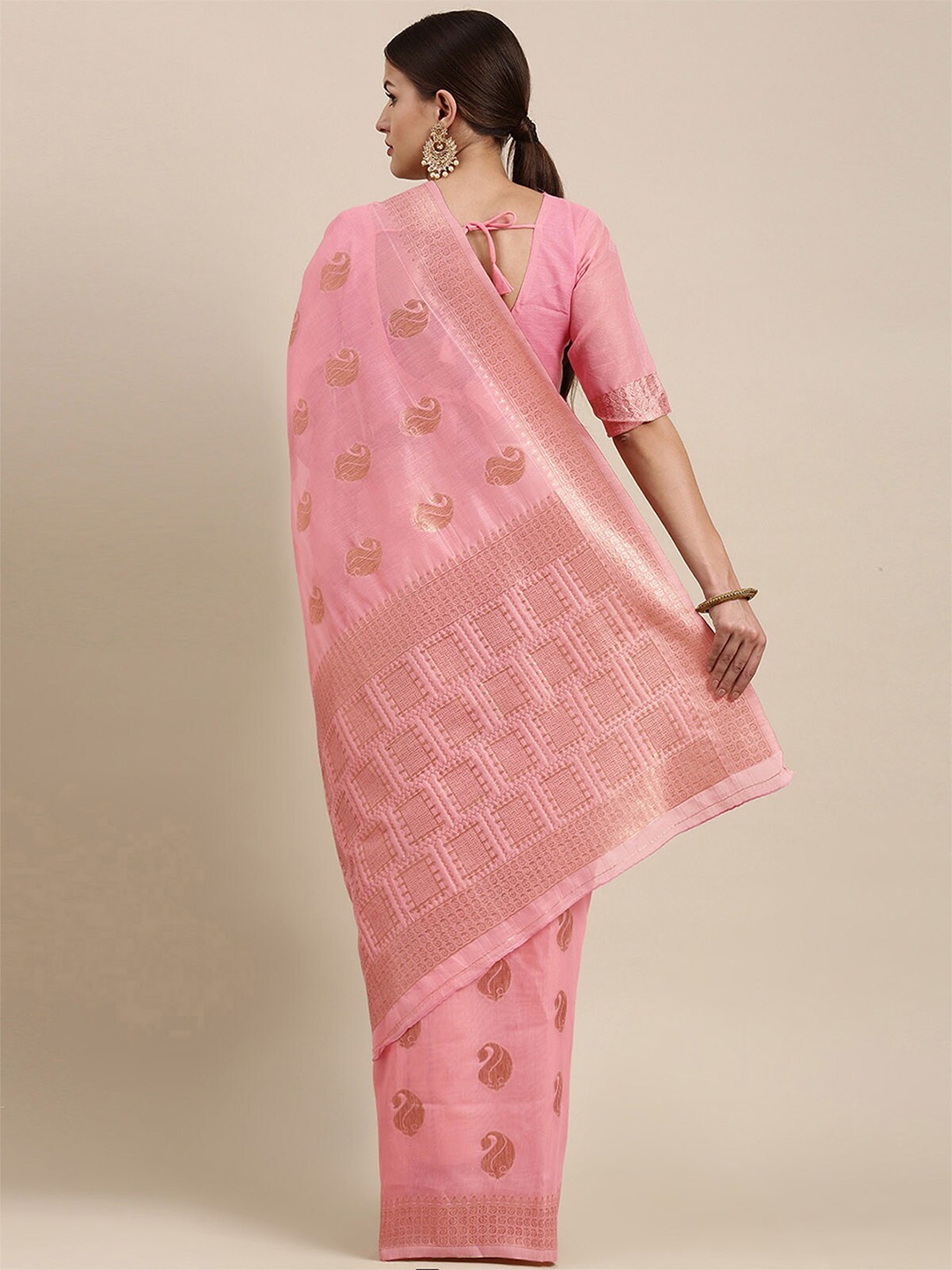

ODETTE Pink & Gold-Toned Ethnic Motifs Zari Banarasi Saree