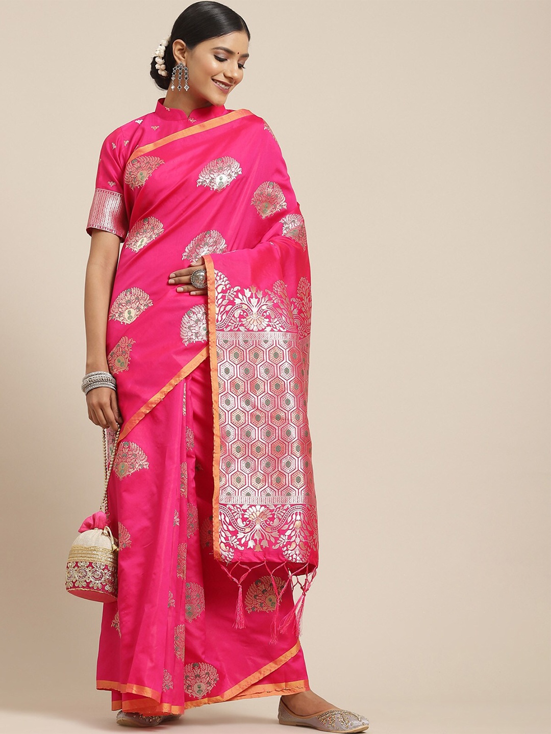 

ODETTE Pink & Green Woven Design Zari Dharmavaram Saree