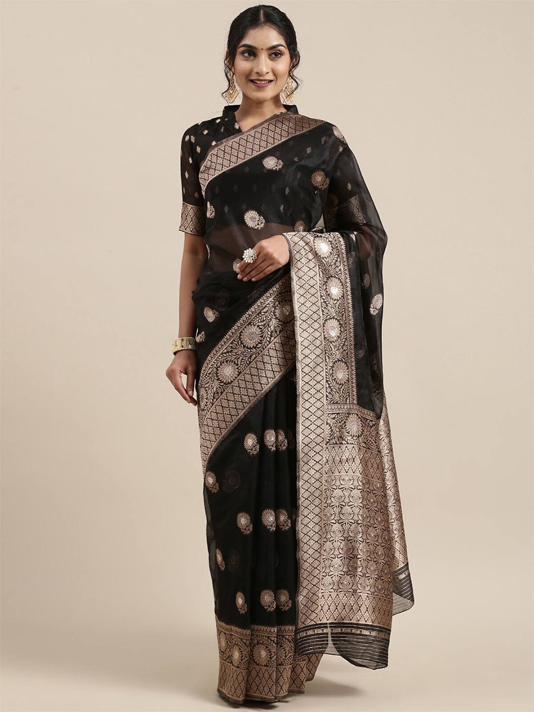 

ODETTE Black & Gold-Toned Floral Zari Organza Saree
