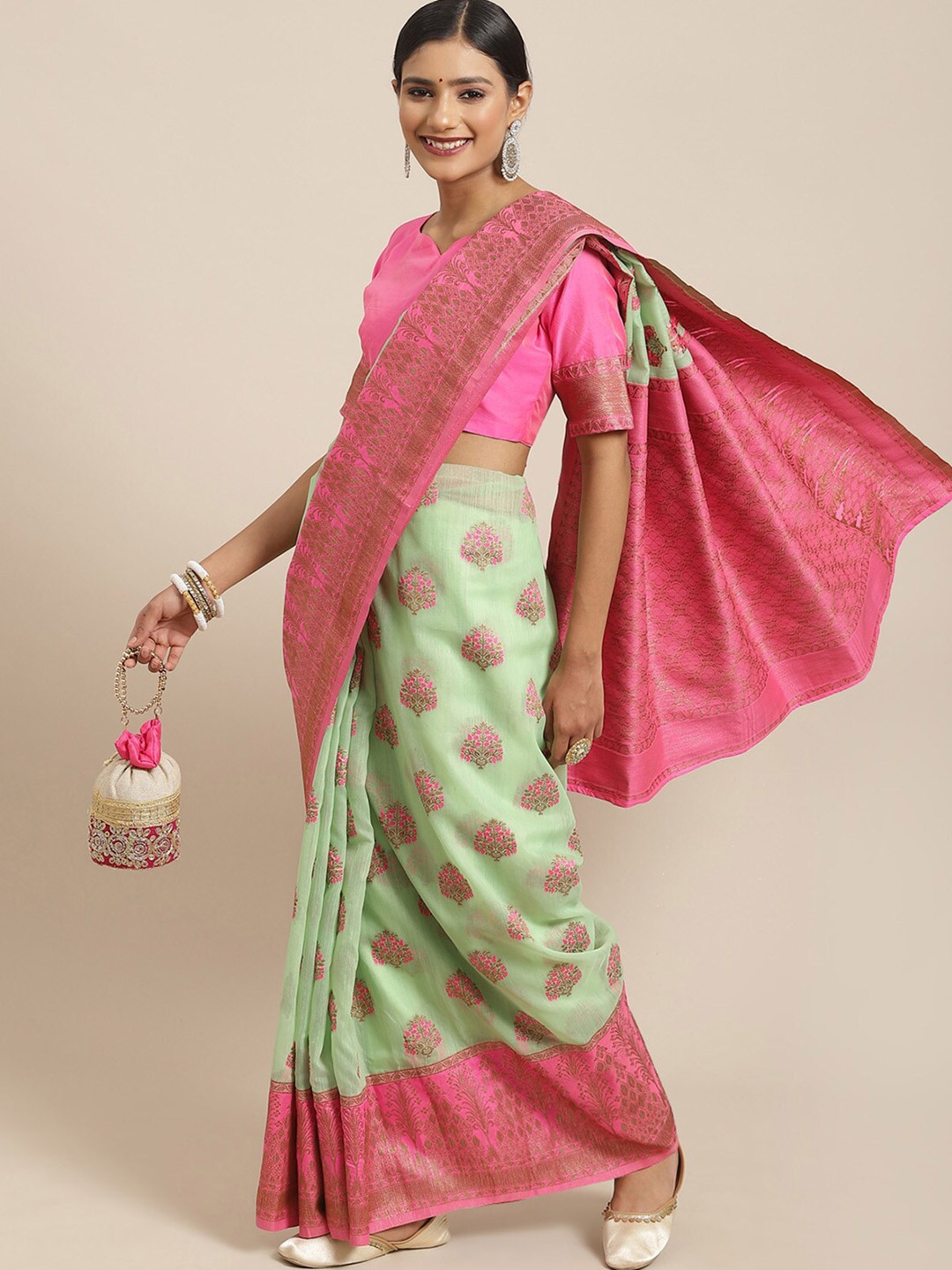 

ODETTE Green & Pink Ethnic Motifs Zari Linen Blend Banarasi Saree