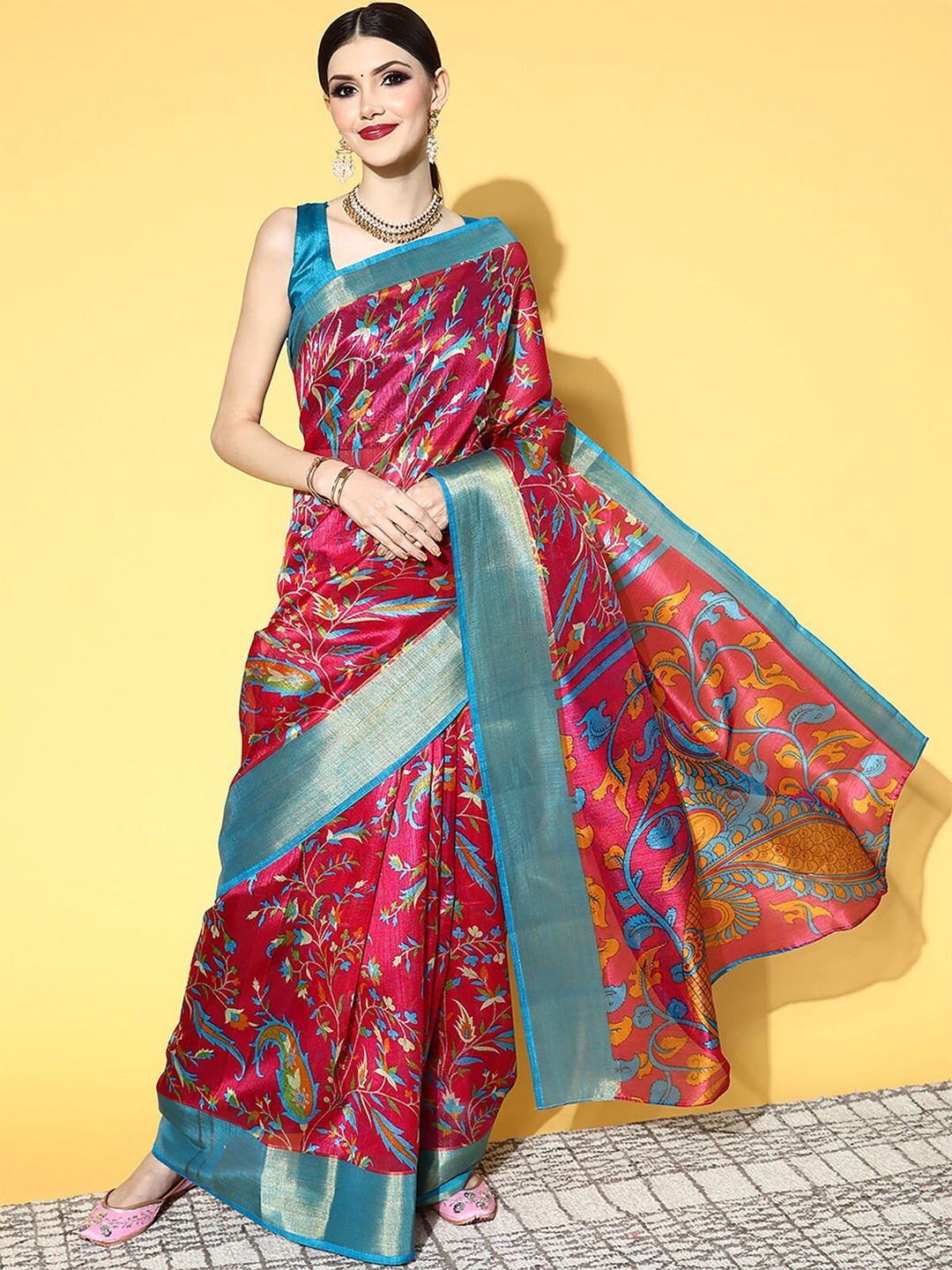 

ODETTE Pink & Blue Ethnic Motifs Zari Linen Blend Saree