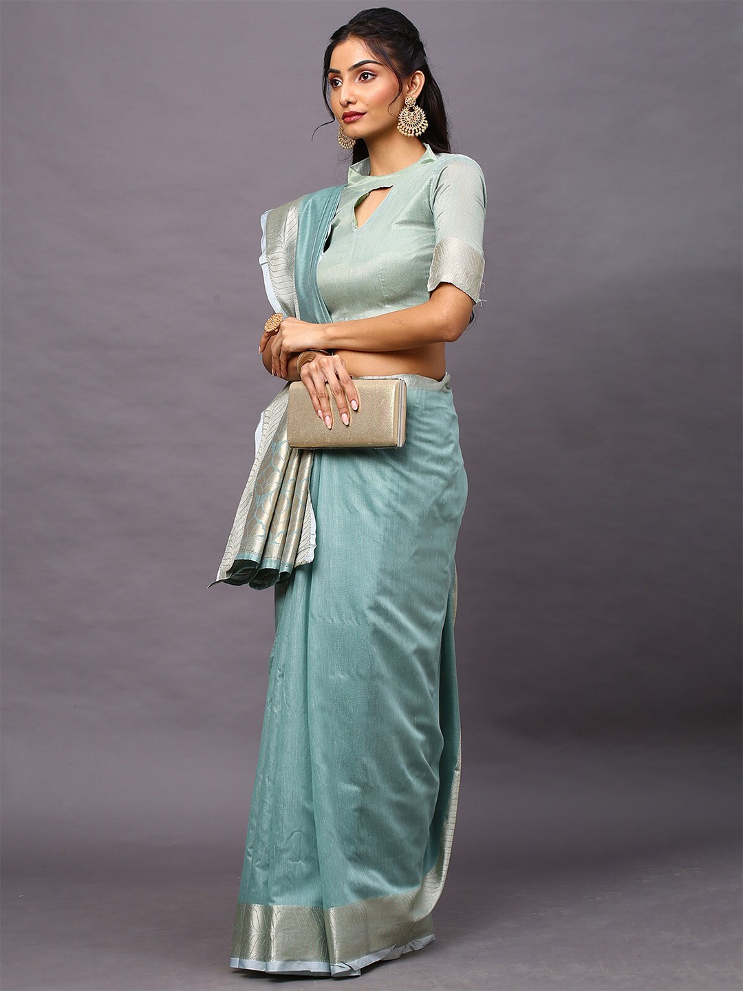 

ODETTE Sea Green & Silver-Toned Zari Linen Blend Taant Saree