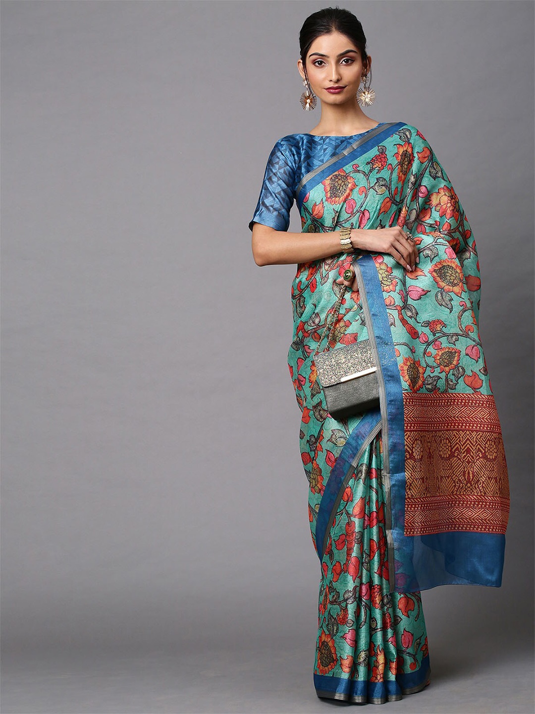 

ODETTE Sea Green & Blue Floral Linen Blend Pochampally Saree