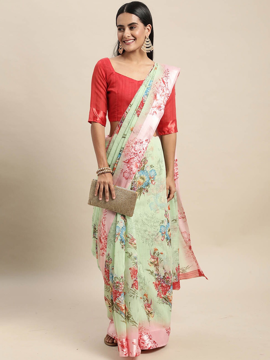 

ODETTE Green & Pink Floral Linen Blend Saree