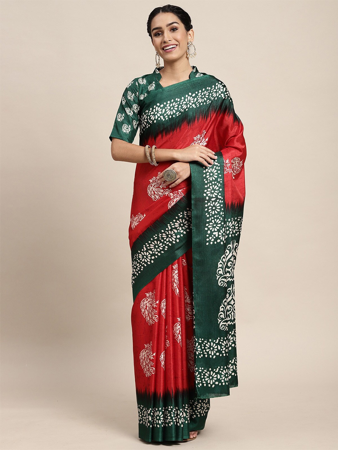 

ODETTE Red & Green Ethnic Motifs Silk Blend Saree