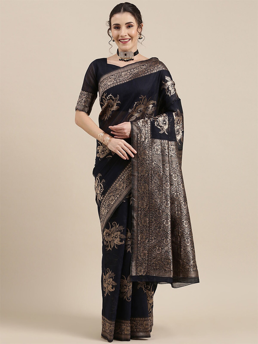 

ODETTE Navy Blue & Gold-Toned Floral Zari Linen Blend Banarasi Saree