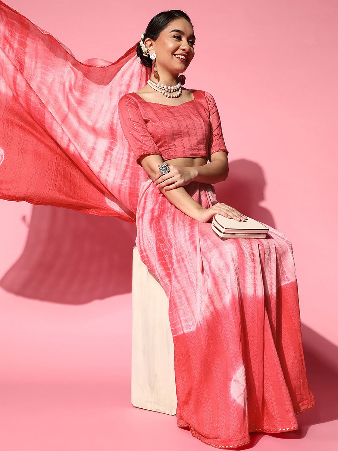 

ODETTE Pink & White Tie and Dye Silk Blend Saree