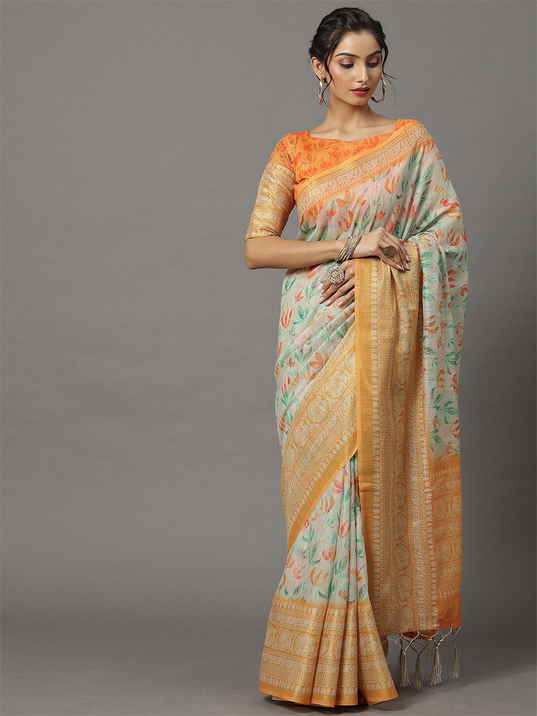 

ODETTE Off White & Orange Floral Silk Blend Banarasi Saree
