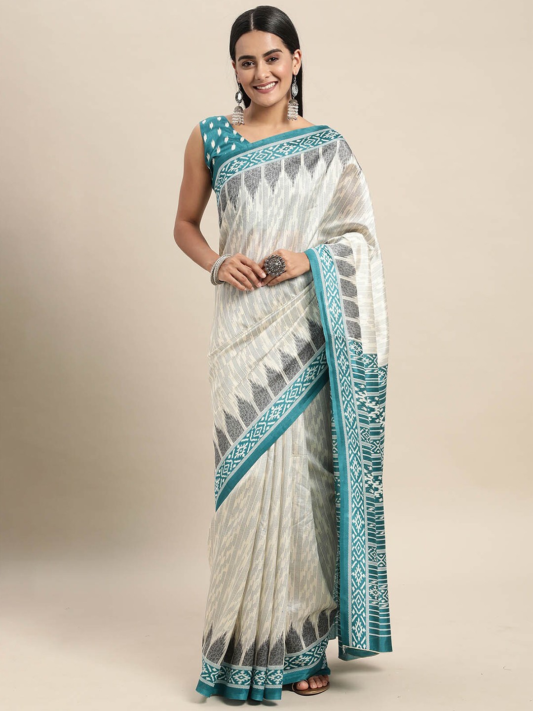 

ODETTE Off White & Blue Ethnic Motifs Silk Blend Saree