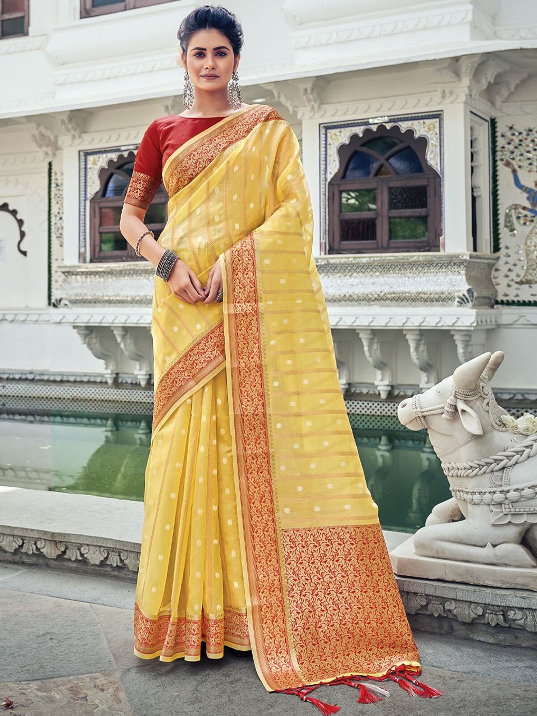 

ODETTE Yellow & Red Ethnic Motifs Zari Organza Saree