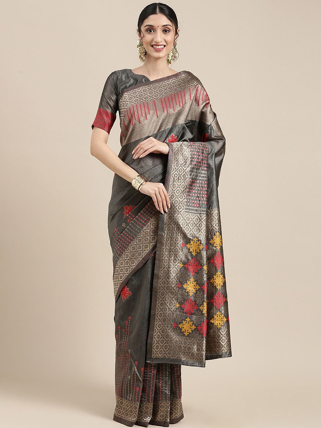 

ODETTE Grey & Red Ethnic Motifs Zari Silk Blend Banarasi Saree