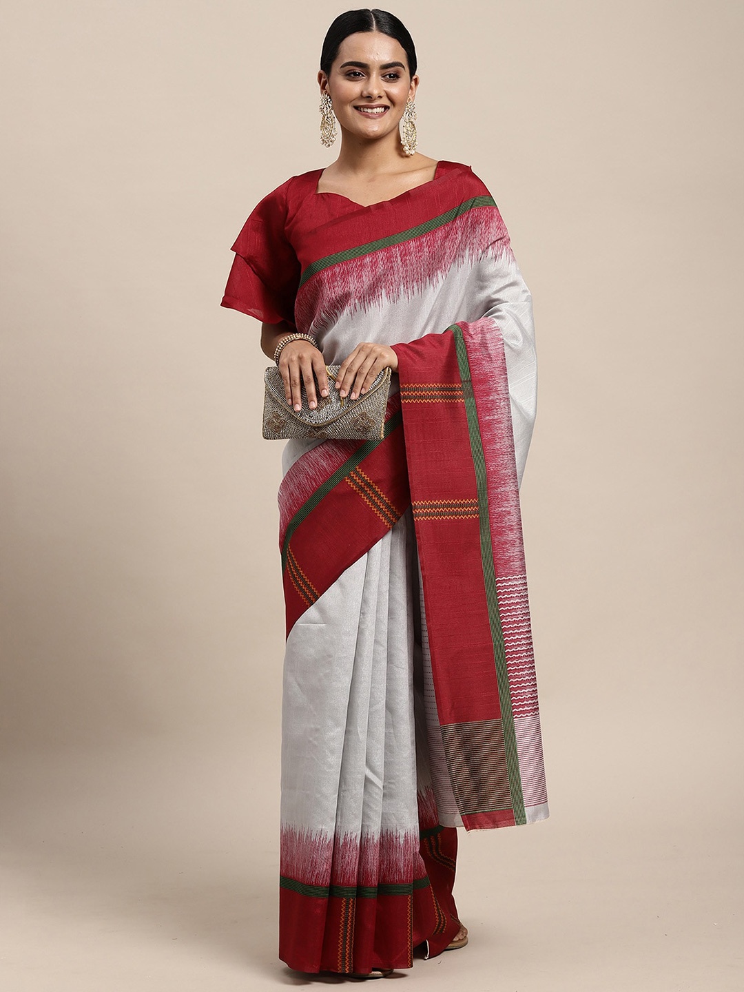 

ODETTE Grey & Red Silk Blend Saree