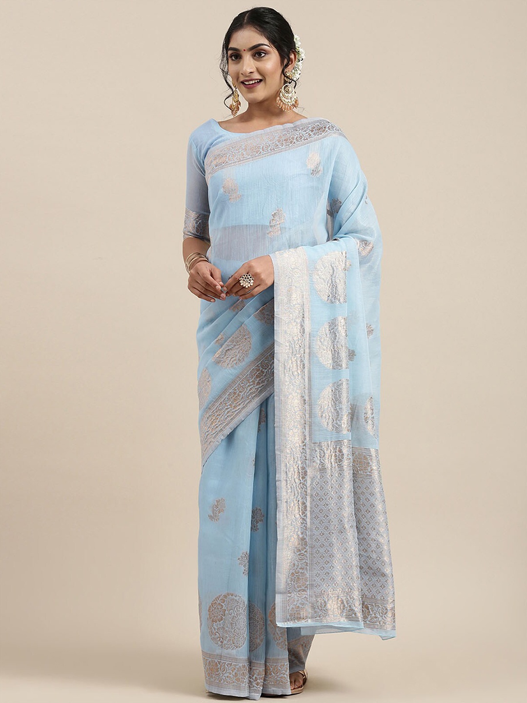 

ODETTE Turquoise Blue & Silver-Toned Floral Zari Linen Blend Banarasi Saree