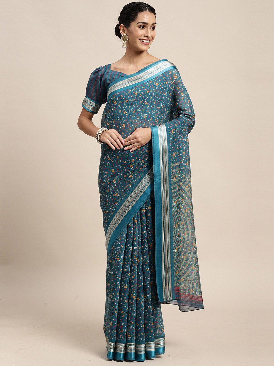 

ODETTE Turquoise Blue & Yellow Floral Silk Cotton Saree