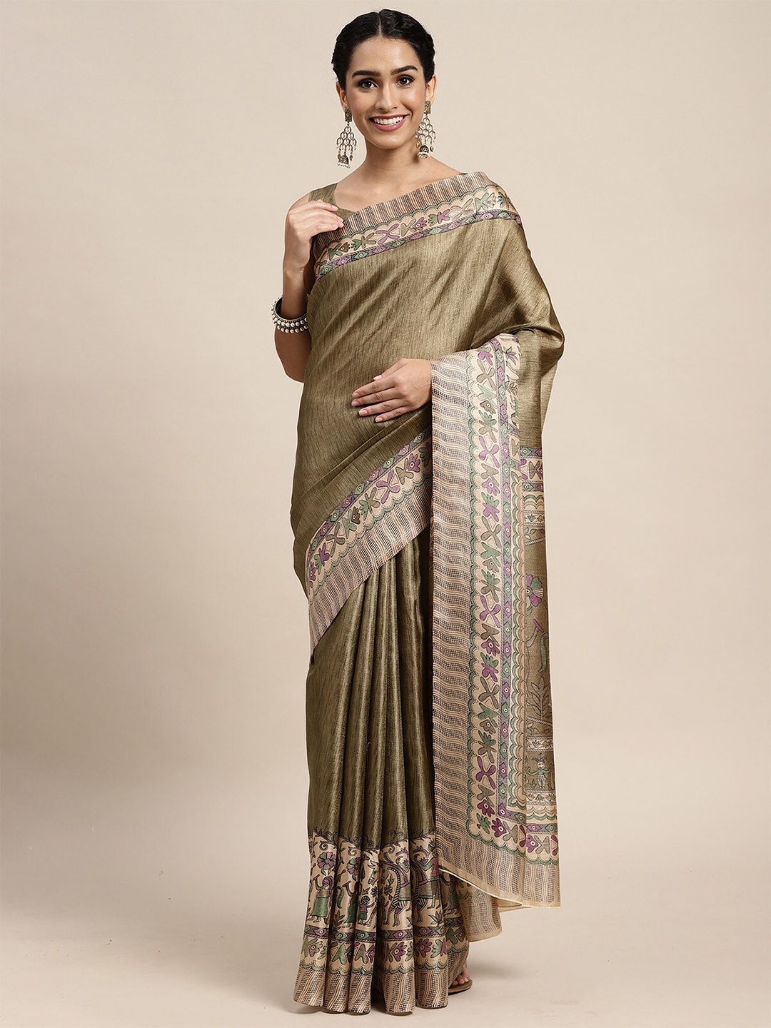 

ODETTE Olive Green & Purple Ethnic Motifs Silk Blend Saree