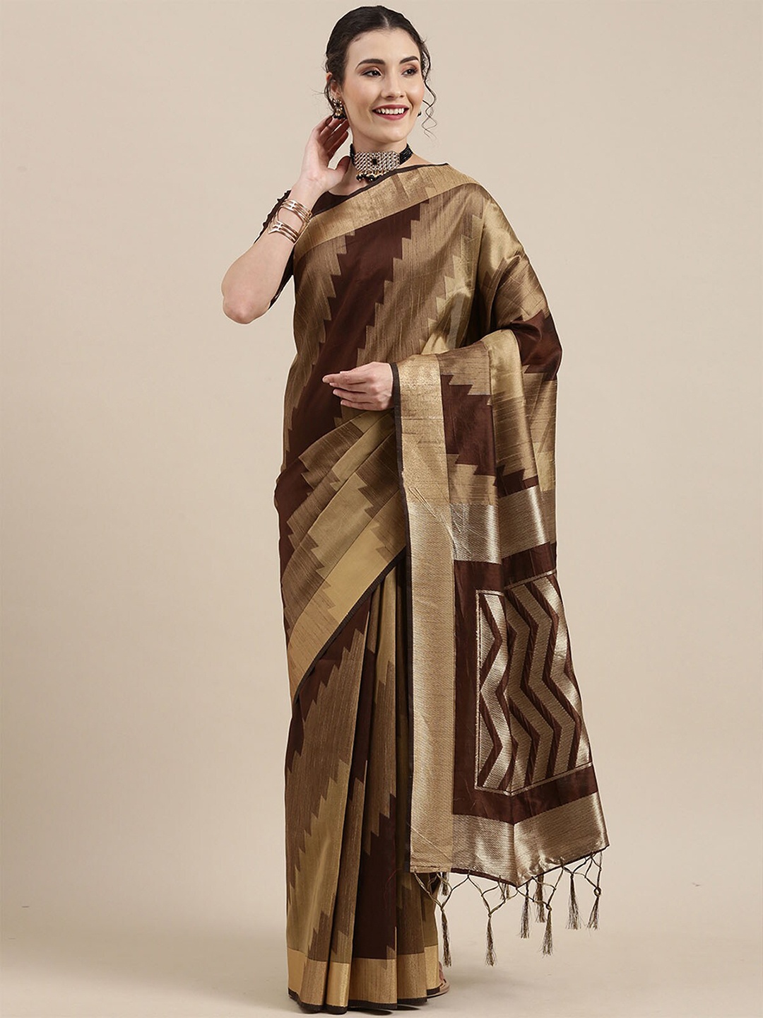 

ODETTE Brown & Gold-Toned Zari Silk Cotton Banarasi Saree