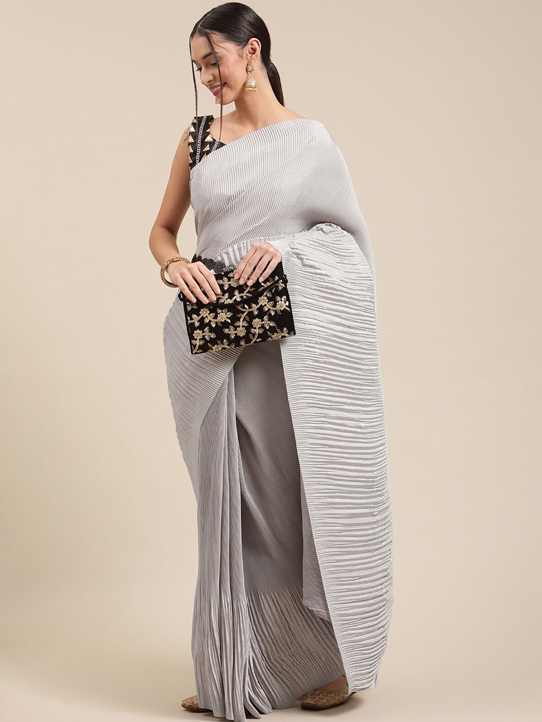 

ODETTE Grey Solid Pure Crepe Saree