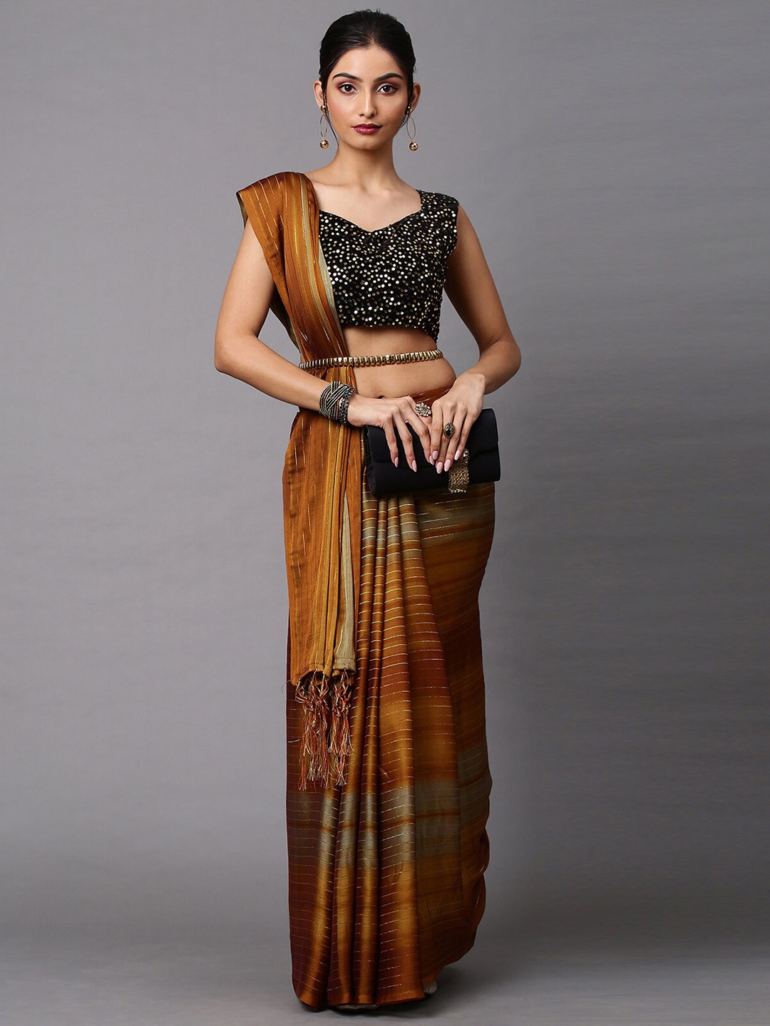

ODETTE Brown & Gold-Toned Striped Zari Saree