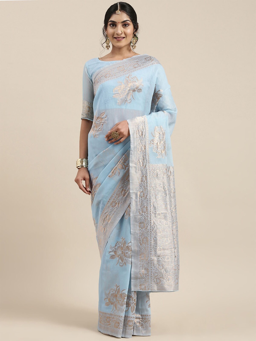 

ODETTE Turquoise Blue & Silver-Toned Floral Zari Linen Blend Banarasi Saree