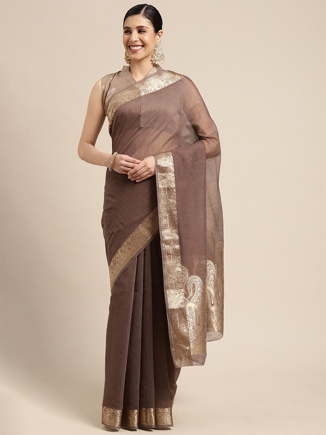 

ODETTE Coffee Brown & Gold-Toned Zari Linen Blend Taant Saree