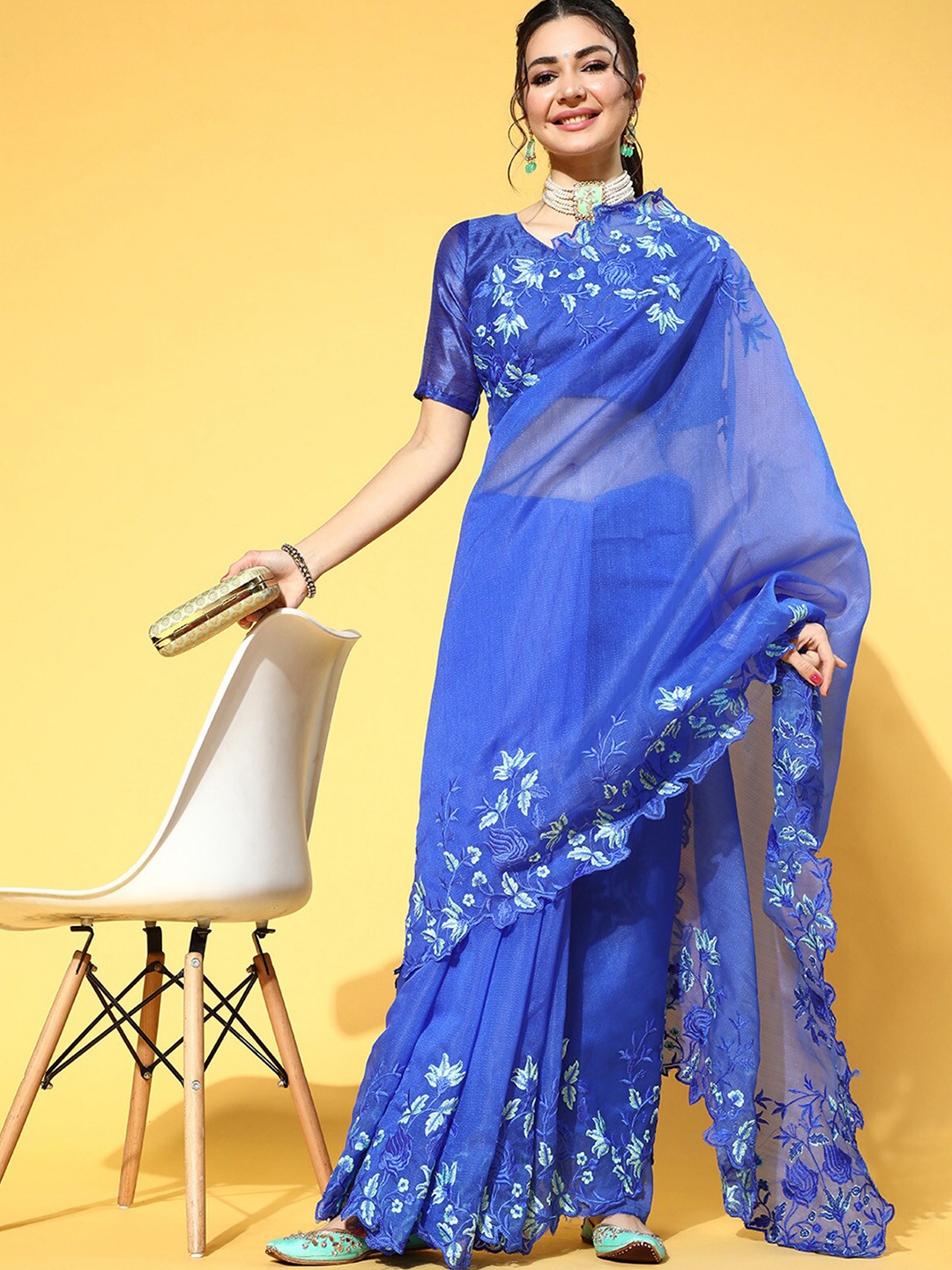 

ODETTE Blue Floral Organza Saree