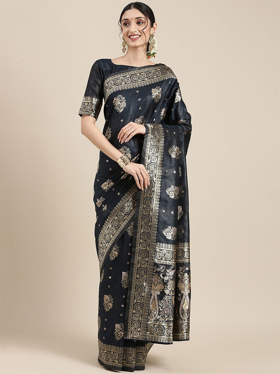 

ODETTE Black & Gold-Toned Ethnic Motifs Zari Silk Blend Baluchari Saree